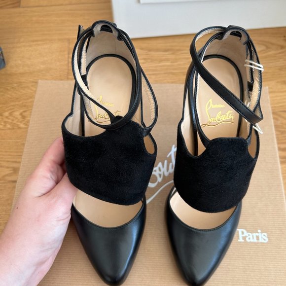 Christian Louboutin Trotter Banded Strappy Pumps Black Leather Suede Ankle Wrap - Picture 7 of 15